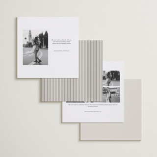 This is a cream foil stamped save the date cards with foil pressed by Ilene Guy called simple squares printing on recycled smooth signature in standard