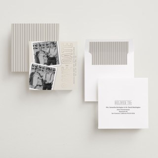 This is a cream foil stamped save the date cards with foil pressed by Ilene Guy called simple squares printing on recycled smooth signature in standard
