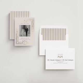 This is a silk foil stamped save the date cards with foil pressed by Ana de Sousa called olive elegance printing on recycled smooth signature in standard