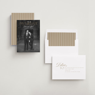 This is a pearl foil stamped save the date cards with foil pressed by Leah Bisch called union printing on recycled smooth signature in standard