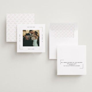 This is a pearl foil stamped save the date cards with foil pressed by Ana Sharpe called our snapshot printing on recycled smooth signature in standard