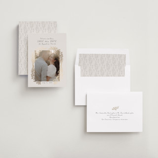 This is a cloud foil stamped save the date cards with foil pressed by Laura Hankins called flourishing printing on recycled smooth signature in standard
