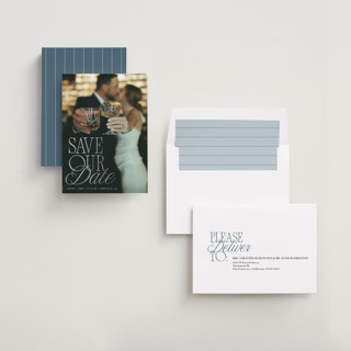 This is a dusk foil stamped save the date cards with foil pressed by Olivia Goree called celebration printing on recycled smooth signature in standard