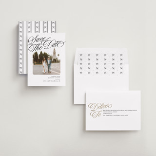 This is a lily foil stamped save the date cards with foil pressed by Owl and Toad called fancy header printing on recycled smooth signature in standard