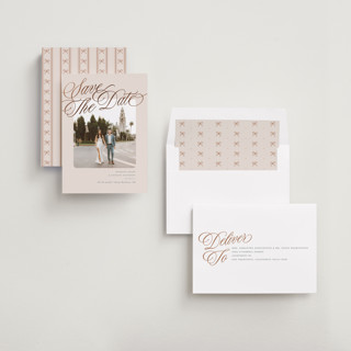 This is a dove foil stamped save the date cards with foil pressed by Owl and Toad called fancy header printing on recycled smooth signature in standard