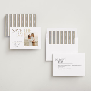 This is a coconut foil stamped save the date cards with foil pressed by Susan Zinader called delicate headline printing on recycled smooth signature in standard