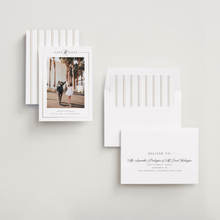 This is a pearl foil stamped save the date cards with foil pressed by Melanie Kosuge called mulholland printing on recycled smooth signature in standard