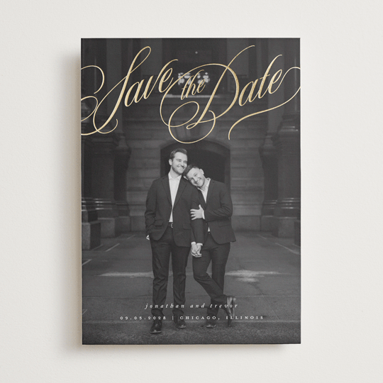 "Formal Script" - Foil-pressed Save The Date Cards in Powder by Stacy Maalouf.