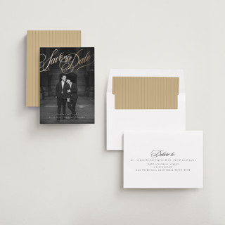 This is a powder foil stamped save the date cards with foil pressed by Stacy Maalouf called formal script printing on recycled smooth signature in standard