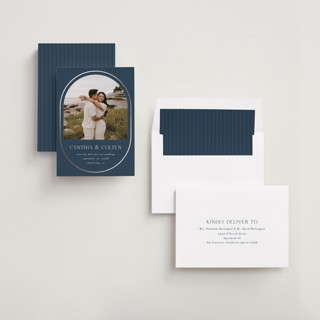 This is a blueberry foil stamped save the date cards with foil pressed by Angela Garrick called double lined border printing on recycled smooth signature in standard
