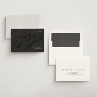 This is a noir foil stamped save the date cards with foil pressed by Eric Clegg called brush script printing on signature in standard