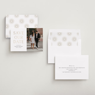 This is a cotton foil stamped save the date cards with foil pressed by Vanessa Doyle called soon to wed printing on recycled smooth signature in standard