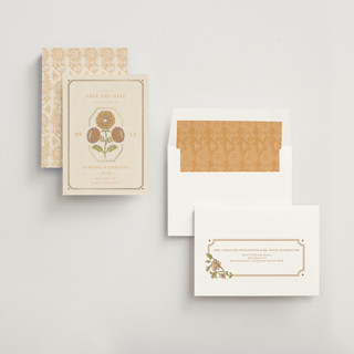 This is a ochre foil stamped save the date cards with foil pressed by Hannah Bowman called marigold printing on signature in standard