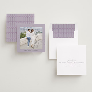This is a lilac foil stamped save the date cards with foil pressed by Inkblot Design called metro printing on recycled smooth signature in square