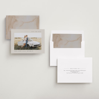 This is a tea foil stamped save the date cards with foil pressed by Christy Hy Lee called clean lines printing on recycled smooth signature in standard