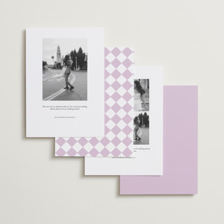 This is a lilac foil stamped save the date cards with foil pressed by Inkblot Design called corners printing on recycled smooth signature in standard