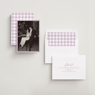 This is a lilac foil stamped save the date cards with foil pressed by Inkblot Design called corners printing on recycled smooth signature in standard