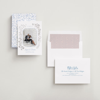 This is a sky foil stamped save the date cards with foil pressed by Robert and Stella called framed florals printing on recycled smooth signature in standard