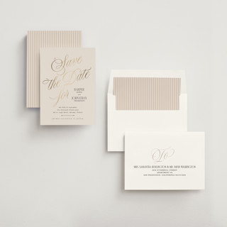 This is a linen foil stamped save the date cards with foil pressed by Kate Ahn called mirin printing on signature in standard