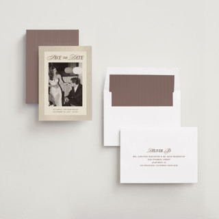 This is a maroon foil stamped save the date cards with foil pressed by Pati Cascino called sienna printing on recycled smooth signature in standard