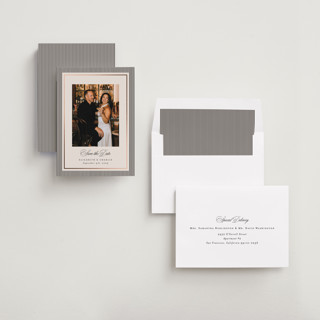 This is a linen foil stamped save the date cards with foil pressed by Kelly Schmidt called striped elegance printing on recycled smooth signature in standard