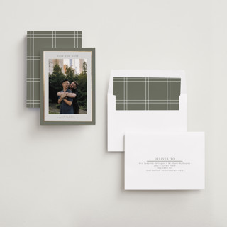 This is a sage foil stamped save the date cards with foil pressed by Nicole Walsh called foil frame printing on recycled smooth signature in standard