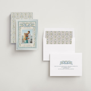 This is a blue jay foil stamped save the date cards with foil pressed by Paper Sun Studio called gift printing on recycled smooth signature in standard