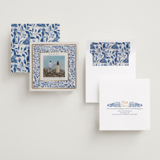 This is a porcelain foil stamped save the date cards with foil pressed by Elly called peaceful printing on recycled smooth signature in standard