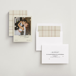 This is a buttercream foil stamped save the date cards with foil pressed by Helena Vitto called stars printing on recycled smooth signature in standard