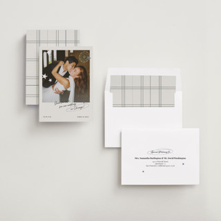 This is a azure foil stamped save the date cards with foil pressed by Helena Vitto called stars printing on recycled smooth signature in standard