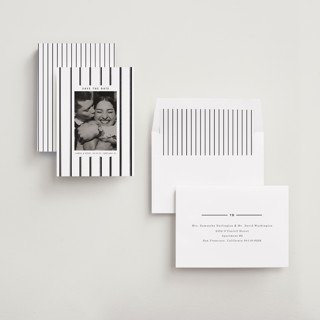 This is a snow foil stamped save the date cards with foil pressed by Baumbirdy called stripes printing on recycled smooth signature in standard