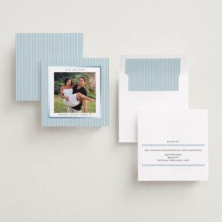 This is a sky foil stamped save the date cards with foil pressed by Lucrecia Caporale called striped frame printing on recycled smooth signature in standard