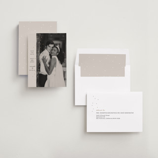 This is a ecru foil stamped save the date cards with foil pressed by Dana Duricekova called minimal sparkle printing on recycled smooth signature in standard