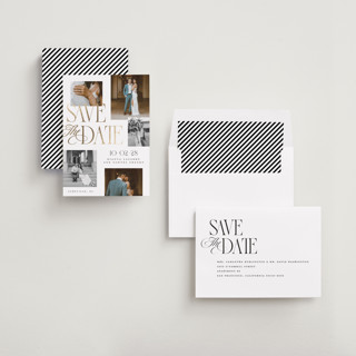 This is a paperwhite foil stamped save the date cards with foil pressed by Laura Hankins called layered printing on recycled smooth signature in standard