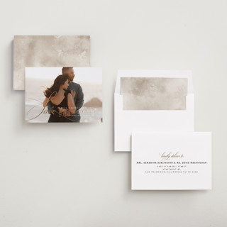 This is a quartz foil stamped save the date cards with foil pressed by Design Lotus called sway printing on recycled smooth signature in standard