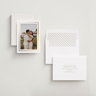 This is a spun sugar foil stamped save the date cards with foil pressed by Jessica Williams called dulcet printing on recycled smooth signature in standard