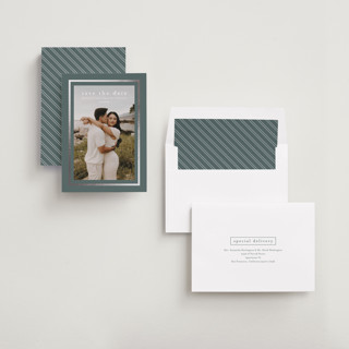 This is a juniper foil stamped save the date cards with foil pressed by Jessica Williams called dulcet printing on recycled smooth signature in standard