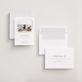 This is a pearl foil stamped save the date cards with foil pressed by Sarah Brown called formality printing on recycled smooth signature in standard