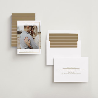 This is a latte foil stamped save the date cards with foil pressed by Rebecca Durflinger called contempo frame printing on recycled smooth signature in standard