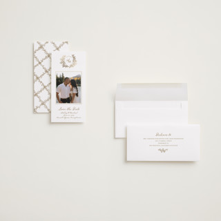 This is a ivory foil stamped save the date cards with foil pressed by Cass Loh called boho flower crest printing on recycled smooth signature in tall