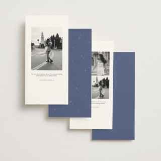 This is a twilight blue foil stamped save the date cards with foil pressed by Leia Matt called celeste printing on signature in tall