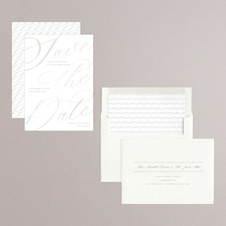 This is a opal save the date with foil pressed by Kaydi Bishop called scriptic printing on signature in standard