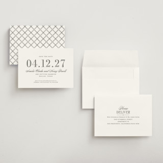 This is a tuxedo petite save the dates with standard by Megan Davis called hepburn printing on signature in petite