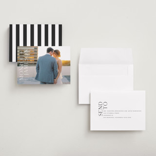 This is a quartz petite save the dates with standard by Angela Garrick called carefree printing on recycled smooth signature in petite
