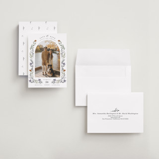 This is a rust petite save the dates with standard by Hannah Williams called floral arch printing on recycled smooth signature in petite