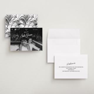 This is a snow petite save the dates with standard by Inkblot Design called vintage trip printing on recycled smooth signature in petite