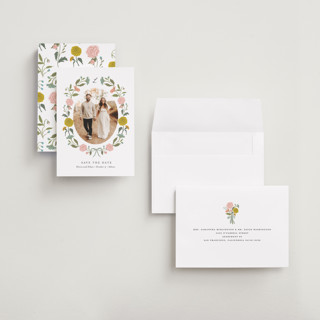 This is a swan petite save the dates with standard by Lori Wemple called botanical cameo printing on recycled smooth signature in petite