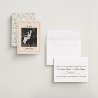 This is a blush petite save the dates with standard by Susan Moyal called monogramed printing on recycled smooth signature in petite