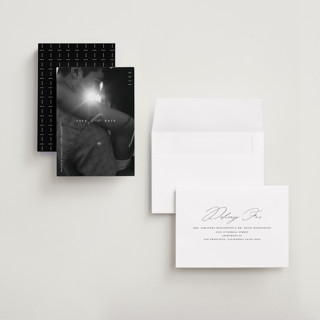 This is a pearl petite save the dates with standard by Christie Garcia called focal printing on recycled smooth signature in petite