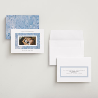 This is a sea petite save the dates with standard by Olivia Kanaley Inman called marbled printing on recycled smooth signature in petite